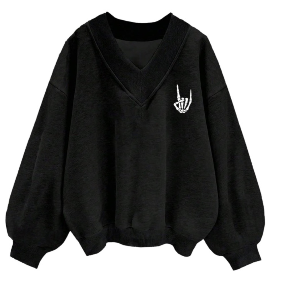 🌹🆕 Y2K Fleece Sweatshirt V-Neck Skeleton Hand Design XS - Picture 1 of 6